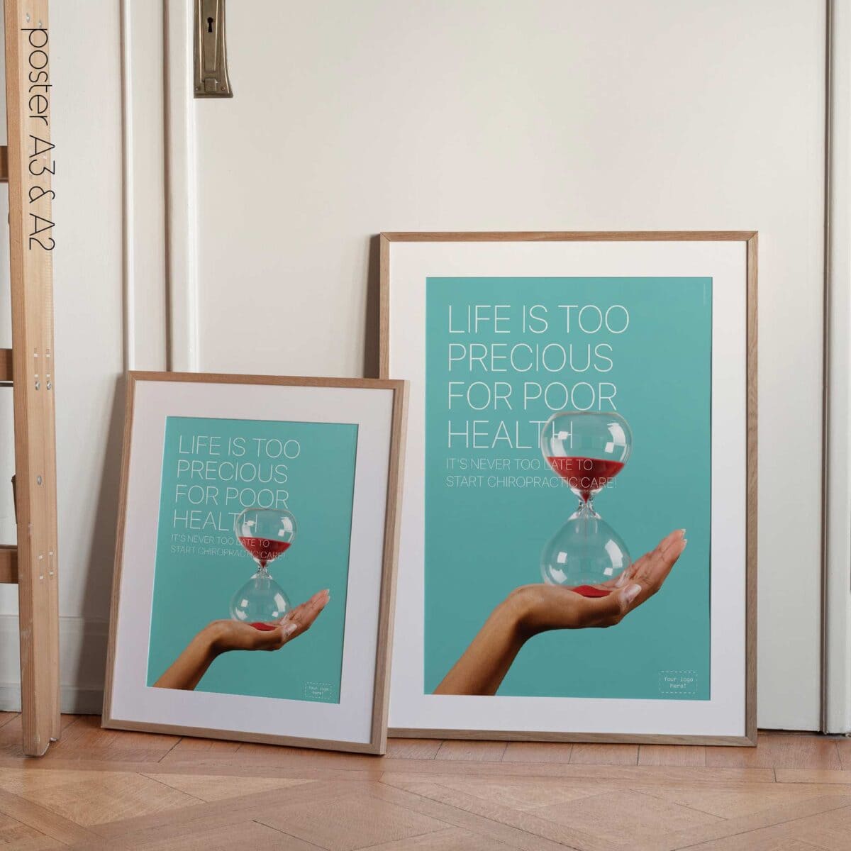 Modern chiropractic poster reminding patients that it’s never too late to prioritise their health.