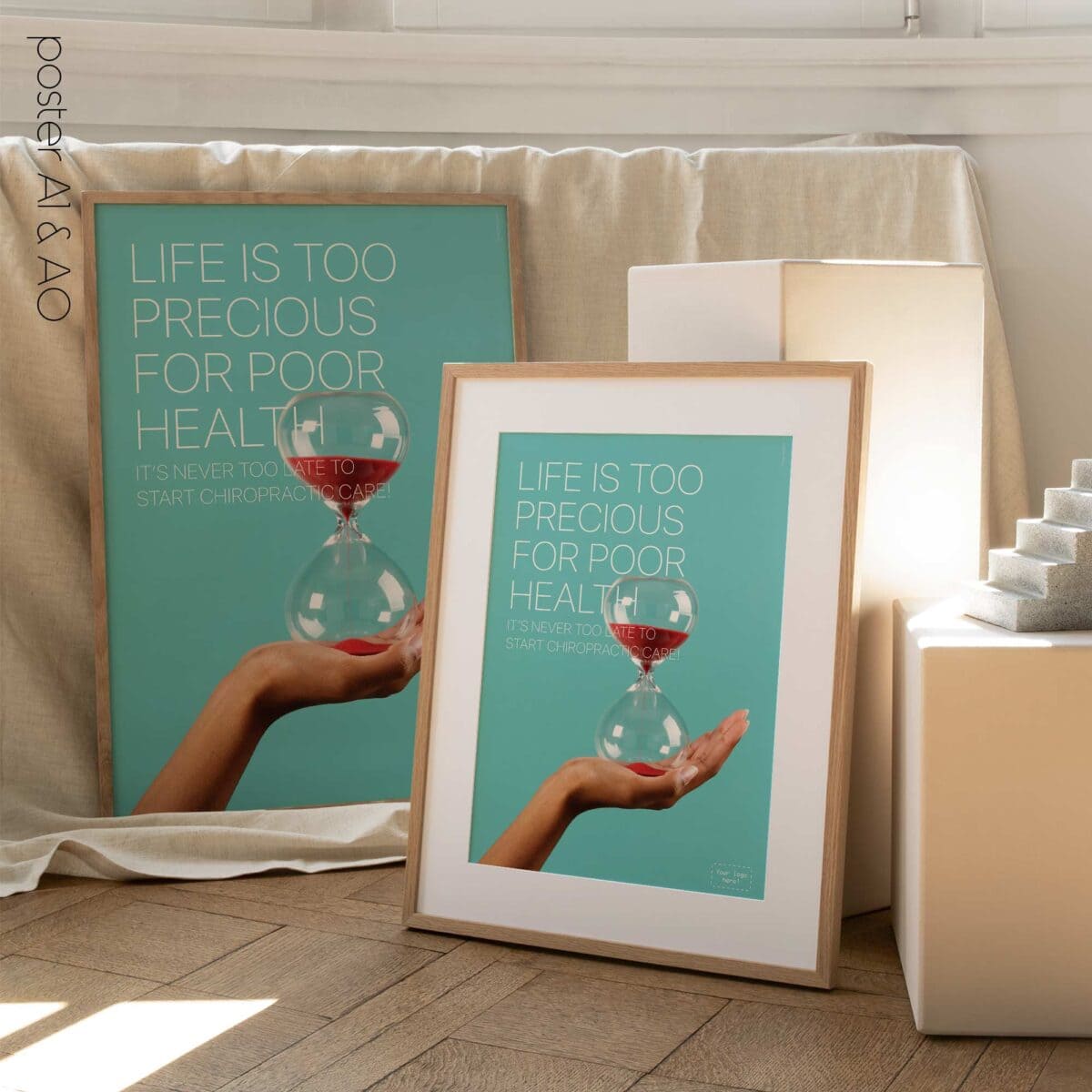 Modern chiropractic poster reminding patients that it’s never too late to prioritise their health.