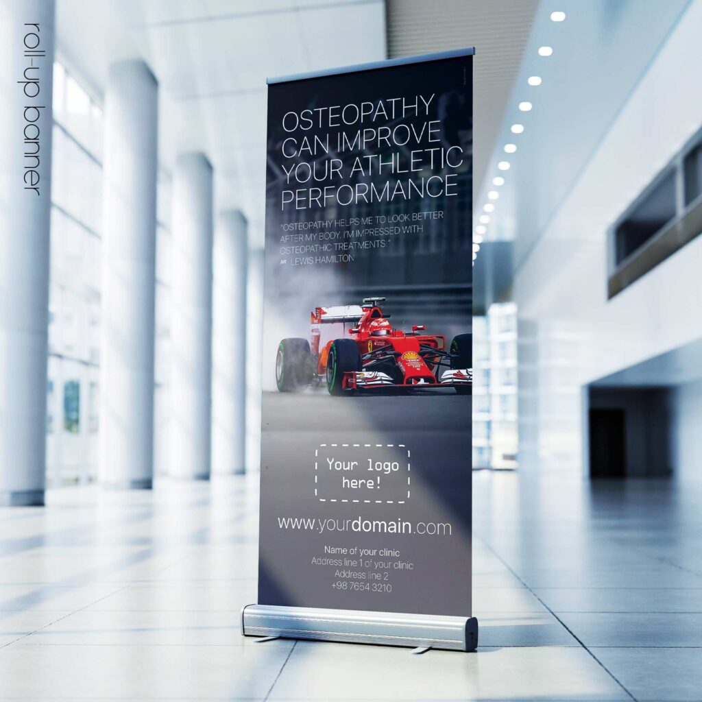 Formula One and Osteopathy; Osteopathic rollup banner version