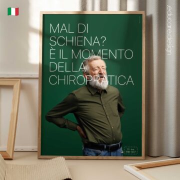 Poster chiropratico che mette in evidenza il mal di schiena e i benefici della cura chiropratica. Poster educativo per cliniche chiropratiche.