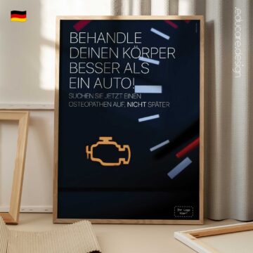 Check Your Engine with Osteopathy poster showing a car dashboard warning light symbolising body care and preventive osteopathic treatment.