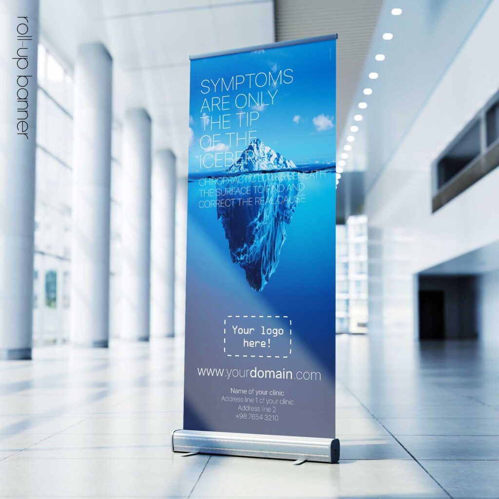 Chiropractic Iceberg poster illustrating how symptoms are often only the visible part of a deeper issue. Educational chiropractic poster for modern clinics.