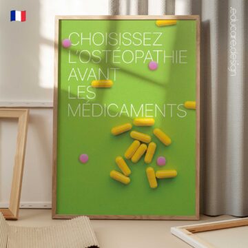 Osteopathy poster with colourful capsules illustrating the message “Choose Osteopathy Before Pharmaceuticals” promoting conservative care in osteopathy clinics.