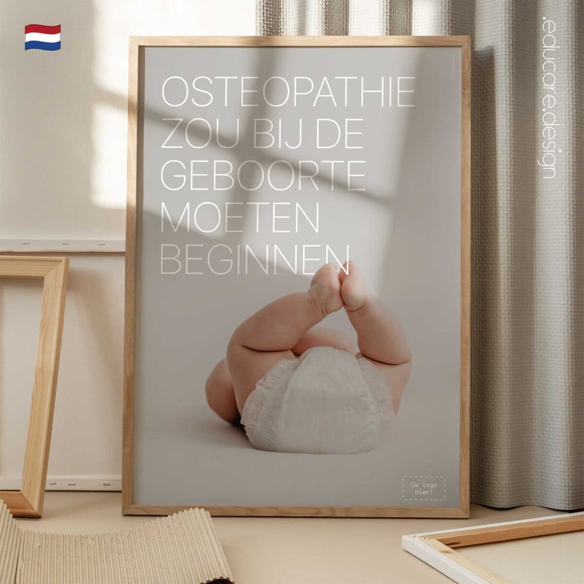Osteopathic care from birth poster showing a newborn baby to highlight preventive osteopathy and early-life musculoskeletal health.