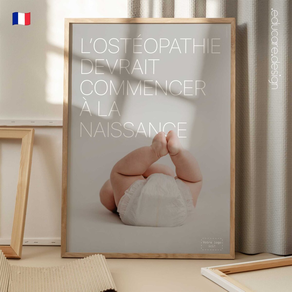 Osteopathic care from birth poster showing a newborn baby to highlight preventive osteopathy and early-life musculoskeletal health.