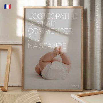 Osteopathic care from birth poster showing a newborn baby to highlight preventive osteopathy and early-life musculoskeletal health.