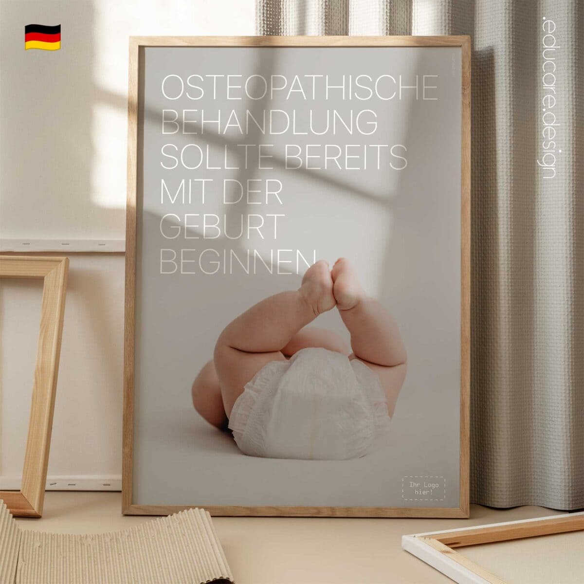 Osteopathic care from birth poster showing a newborn baby to highlight preventive osteopathy and early-life musculoskeletal health.