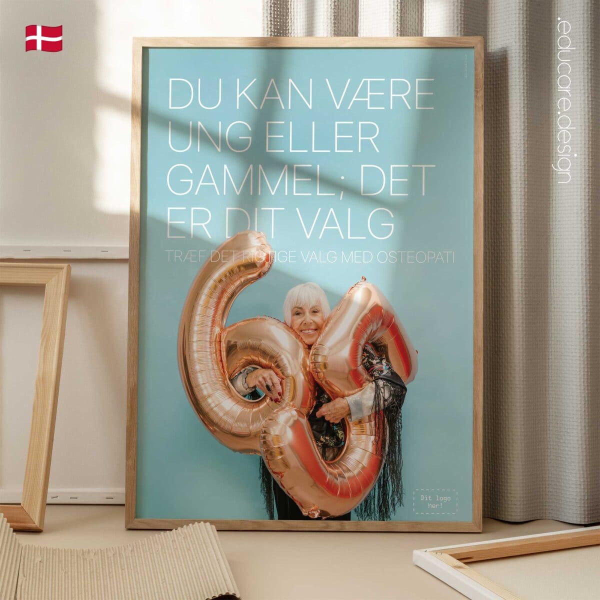 Grow Young or Old osteopathy poster showing a smiling elderly woman holding number balloons, promoting healthy ageing and proactive osteopathic care.