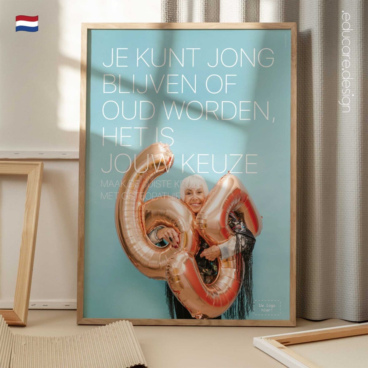 Grow Young or Old osteopathy poster showing a smiling elderly woman holding number balloons, promoting healthy ageing and proactive osteopathic care.