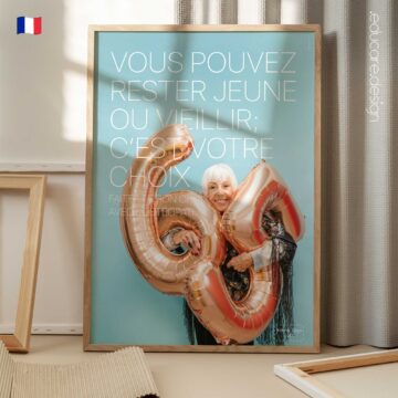 Grow Young or Old osteopathy poster showing a smiling elderly woman holding number balloons, promoting healthy ageing and proactive osteopathic care.