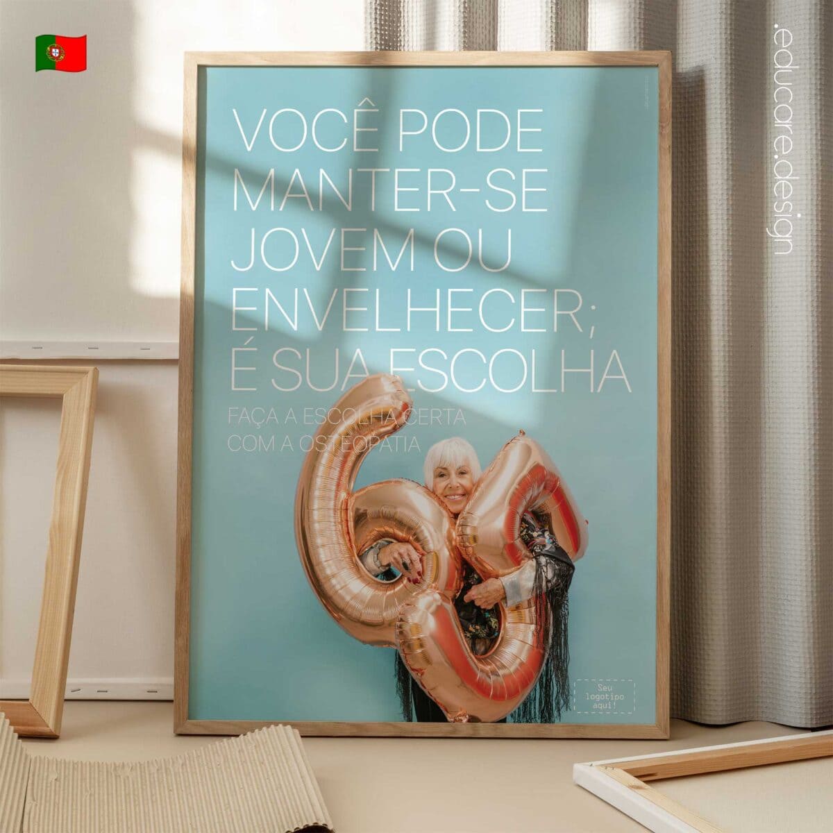 Grow Young or Old osteopathy poster showing a smiling elderly woman holding number balloons, promoting healthy ageing and proactive osteopathic care.