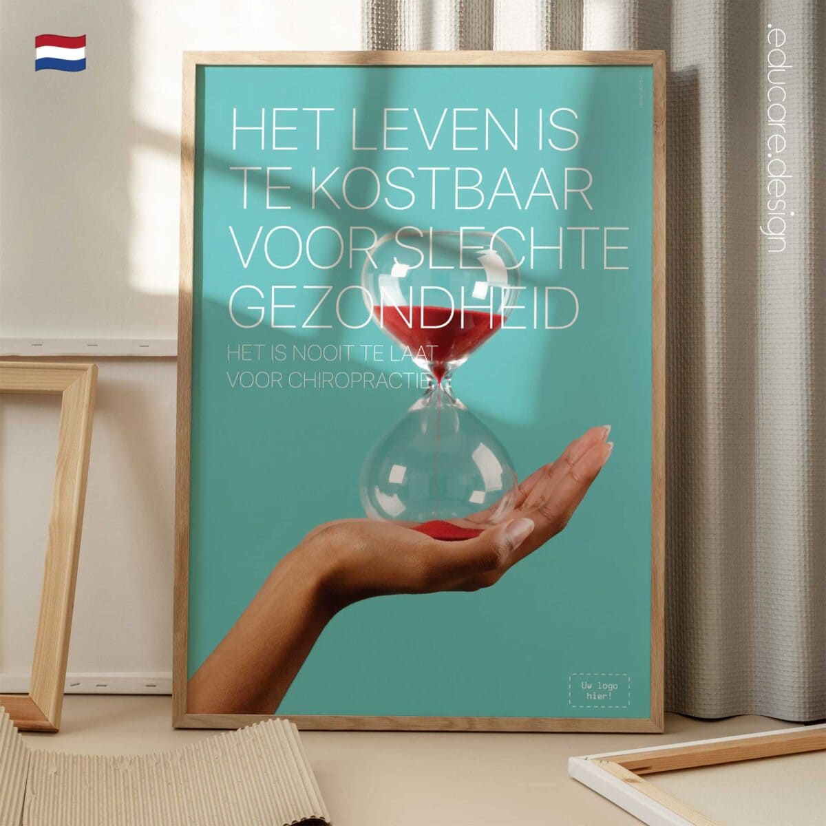Modern chiropractic poster reminding patients that it’s never too late to prioritise their health.