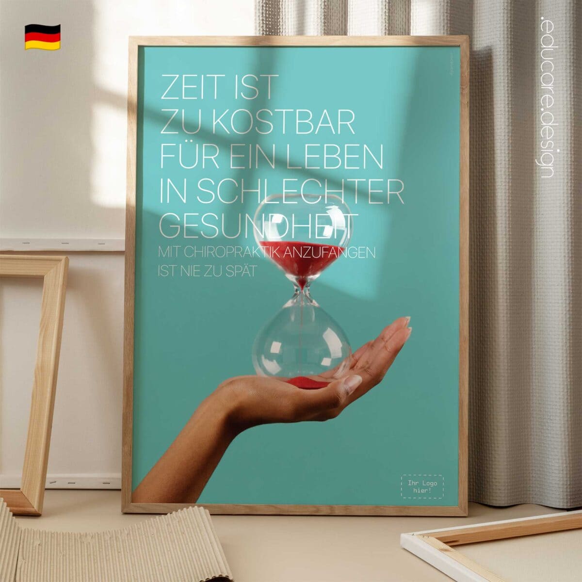 Modern chiropractic poster reminding patients that it’s never too late to prioritise their health.