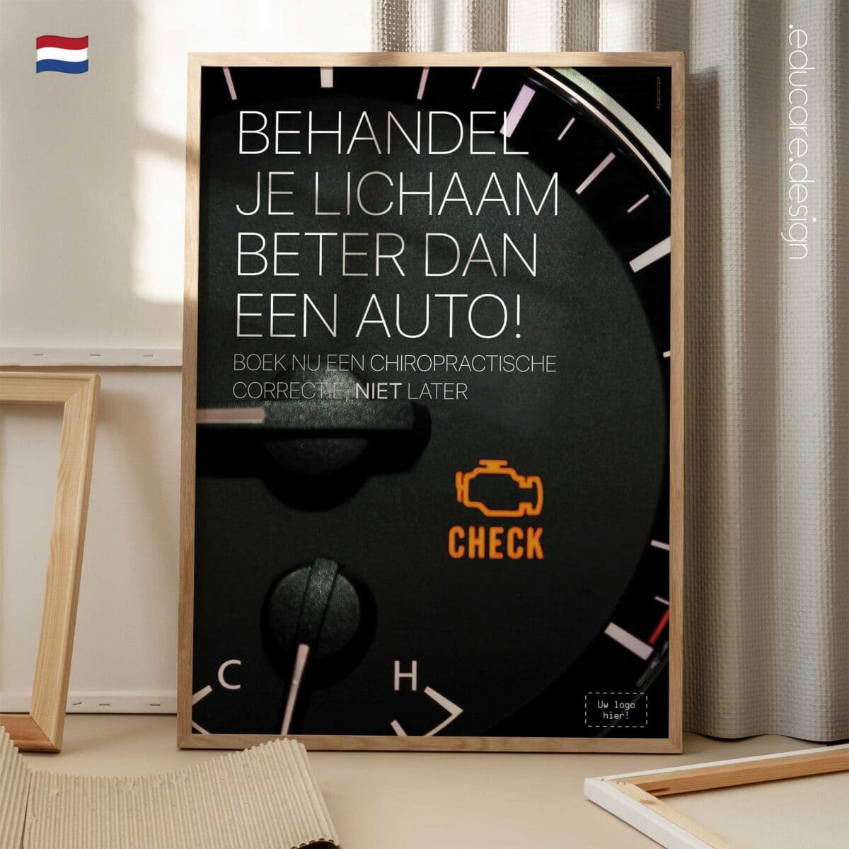 Modern chiropractic poster using a car dashboard metaphor to encourage early care.