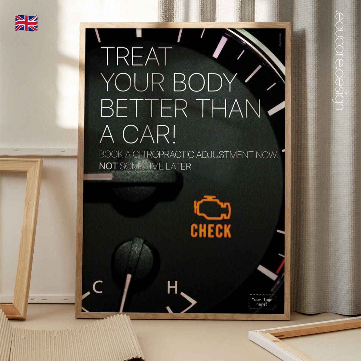 Modern chiropractic poster using a car dashboard metaphor to encourage early care.