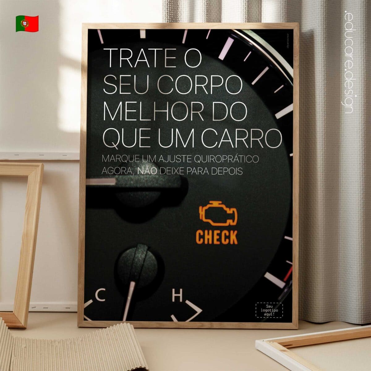Modern chiropractic poster using a car dashboard metaphor to encourage early care.