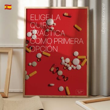 Póster quiropráctico moderno que anima a los pacientes a elegir la quiropráctica como primera opción para la salud de la columna. Arte educativo para clínicas quiroprácticas.