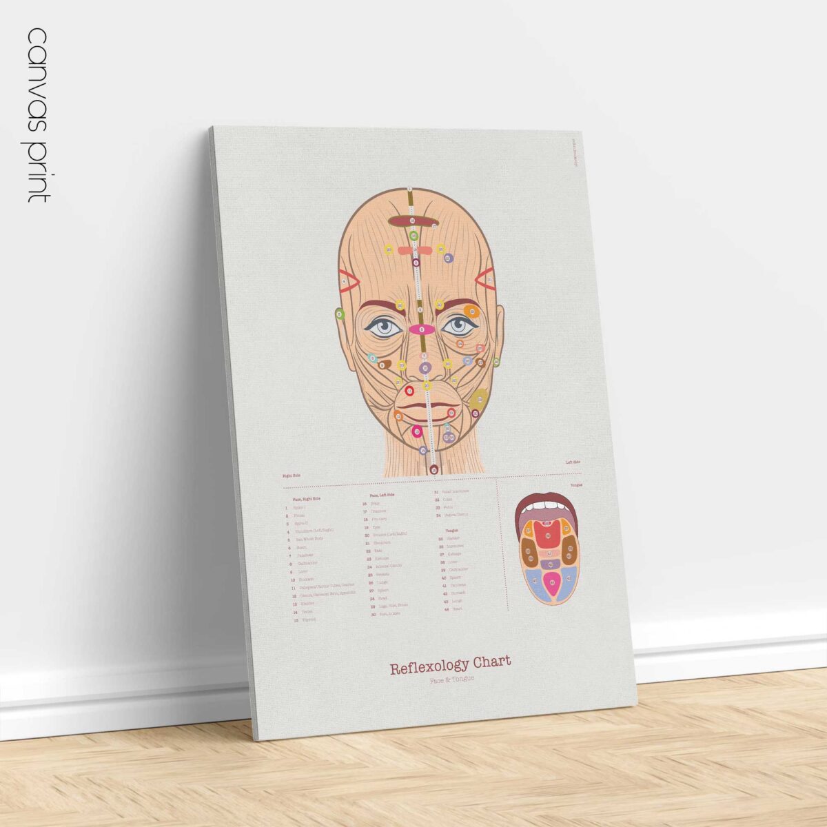 Patient-friendly reflexology chart illustrating facial and tongue reflex zones.