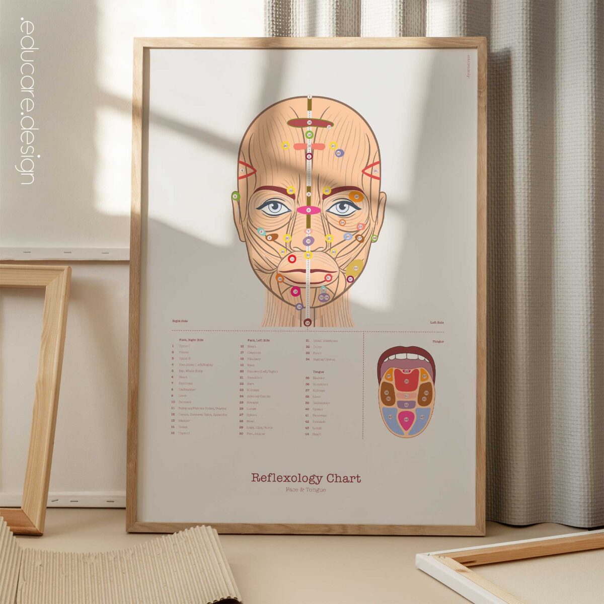 Patient-friendly reflexology chart illustrating facial and tongue reflex zones.
