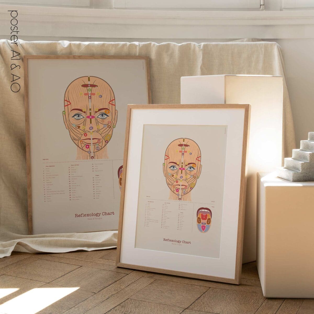 Patient-friendly reflexology chart illustrating facial and tongue reflex zones.