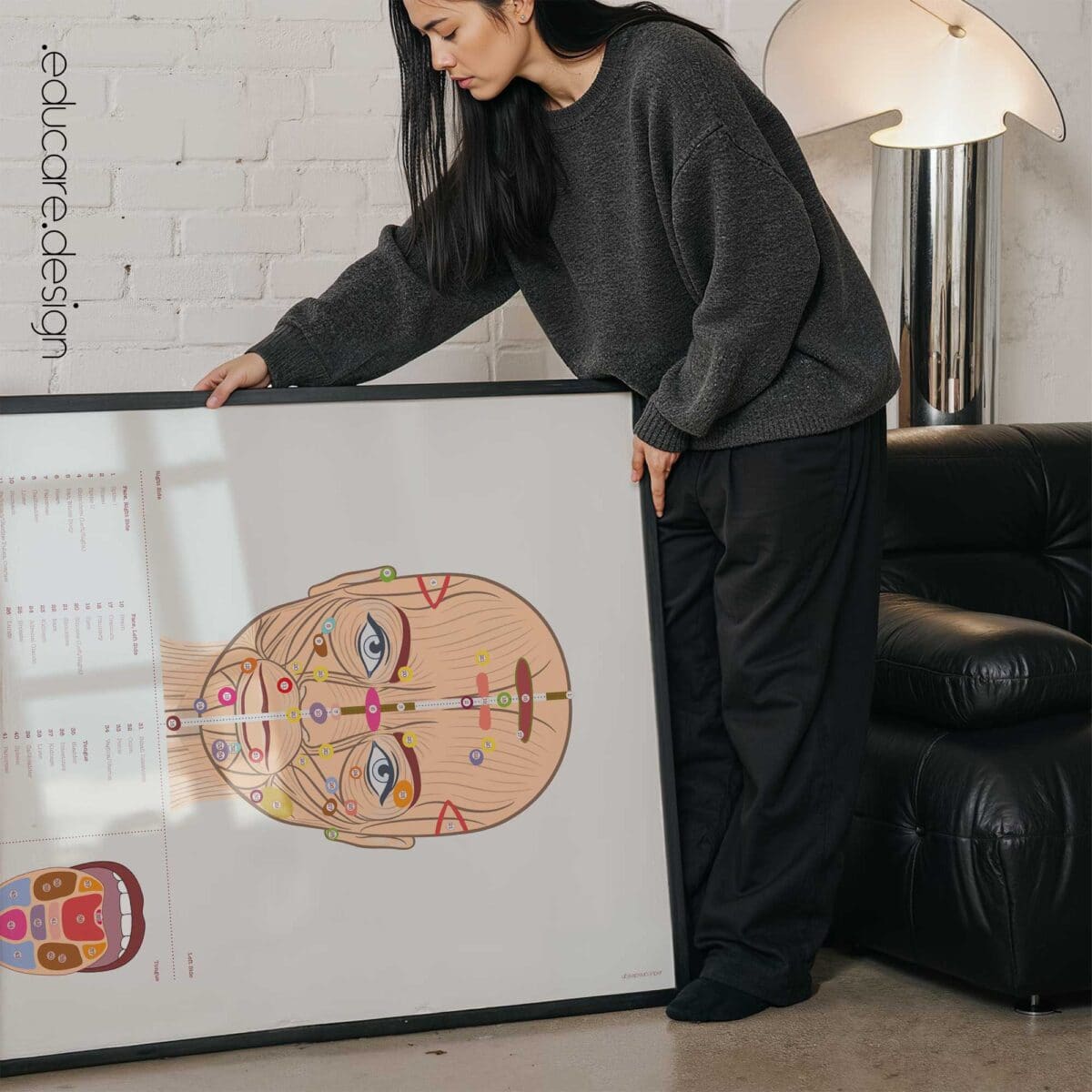Patient-friendly reflexology chart illustrating facial and tongue reflex zones.