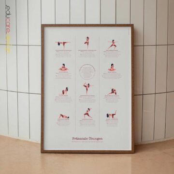 Prenatal exercises poster showing gentle pregnancy movements to support comfort, mobility, and posture.