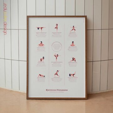 Prenatal exercises poster showing gentle pregnancy movements to support comfort, mobility, and posture.