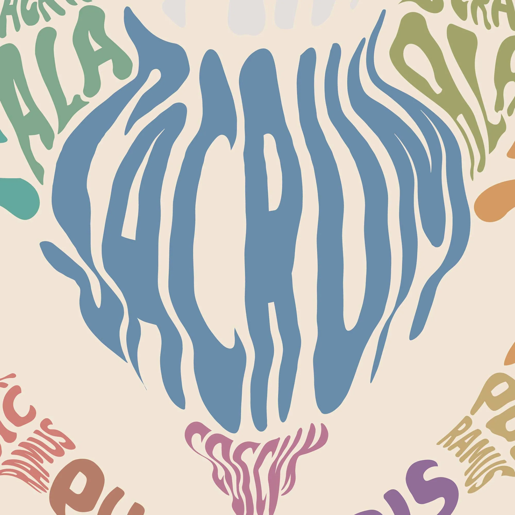 Colourful typographic artwork of the human pelvis, with anatomical names sculpted into bone shapes